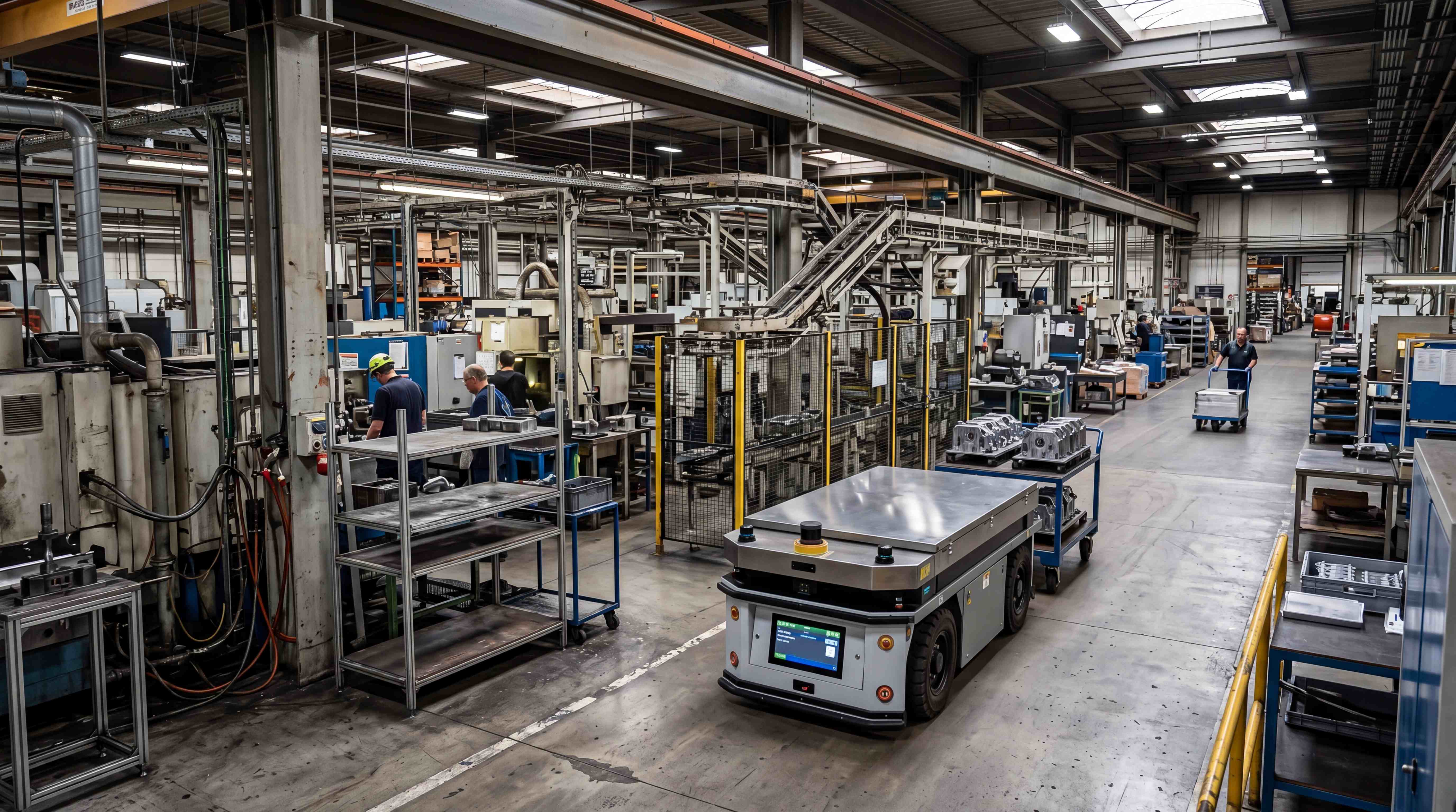 Flat-top mobile base moving through a brownfield factory to support a modular factory upgrade without full layout redesign
